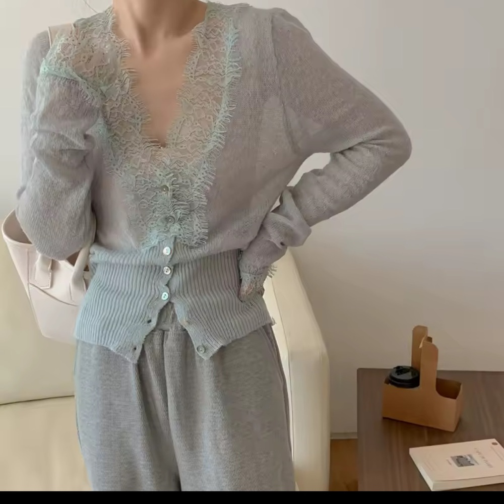 Intricate baby blue Lace Button-Up Cardigan